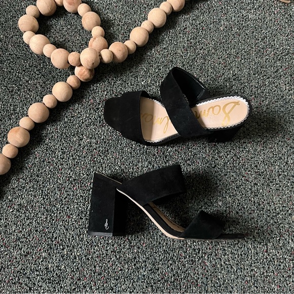 SAM EDELMAN Suede Black Two Strap Sandal Mule Slip-On Block Heeled Shoes Sz 9 - Picture 13 of 16